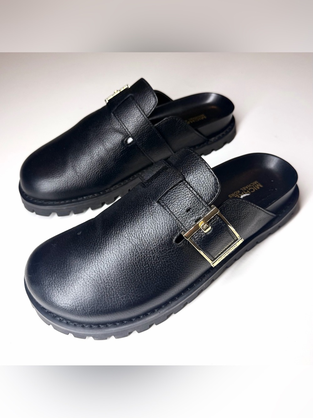 Michael Kors Women’s Black Leather Slip-On Clog with Gold Buckle Size- 6.5 M